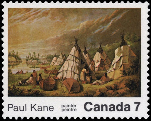 Canadian 7¢ postage stamp, 1971, honoring Paul Kane and showing his Encampment on Lake Huron, 1848-50 (postagestampguide.com)