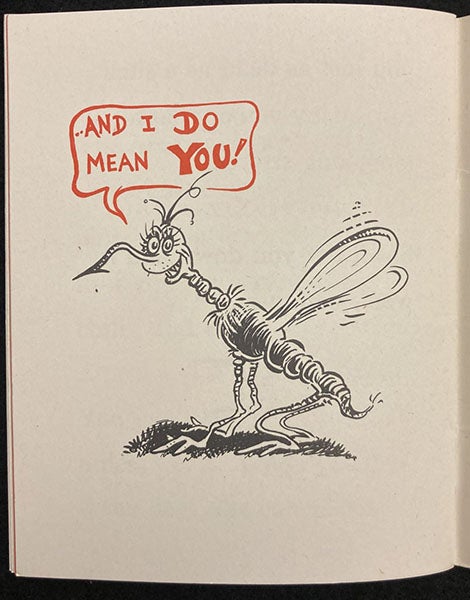“And I do mean YOU,” drawing of an Anopheles mosquito, by Theodor Seuss Geisel, This is Ann, [by Theodor Seuss Geisel and Munro Leaf], p. 32, 1943 (The Linda Hall)