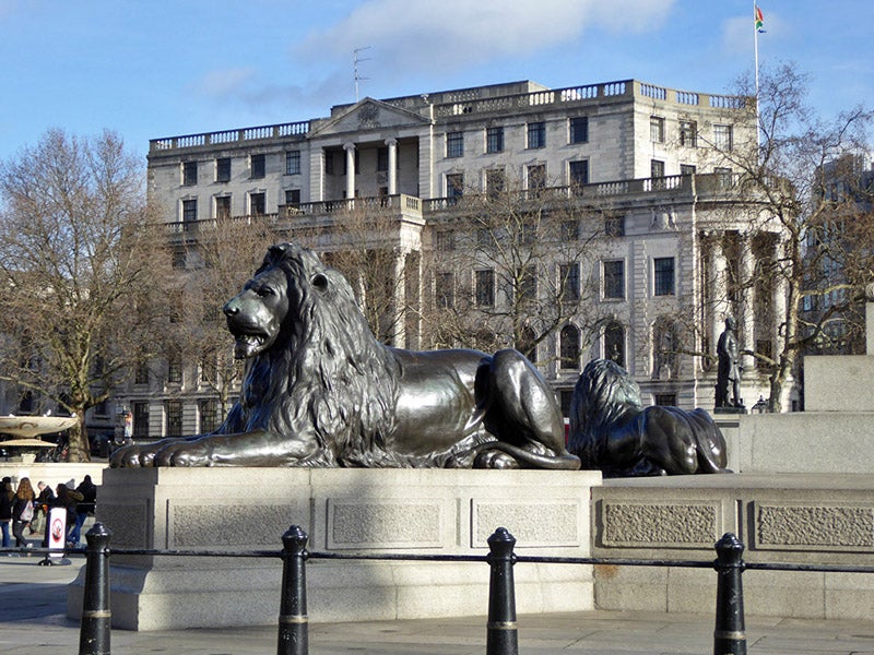 Two of the Landseer lions in Trafalgar Square, London, recent photograph (Wikimedia commons)