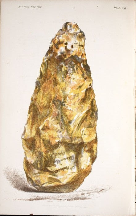 Flint tool. Image source: Lubbock, John. "On the Evidence of the Antiquity of Man, Afforded by the Physical Structure of the Somme Valley.” Natural History Review, vol. 2, 1862, pl. 7.