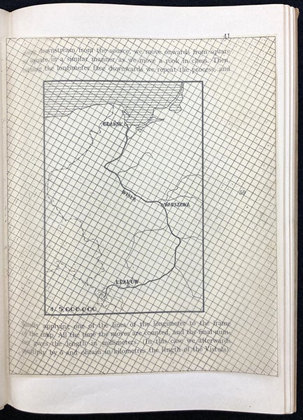 Diagram showing how to measure the length of an irregular river using graph paper, with provided transparent graph paper still in place, Mathematical Snapshots, by Hugo Steinhaus, p. 41, 1938 (Linda Hall Library)