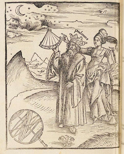 Personification of the liberal art Astronomia, with Ptolemy of Alexandria, woodcut in Margarita philosophica, by Gregor Reisch, 1517 (Linda Hall Library)