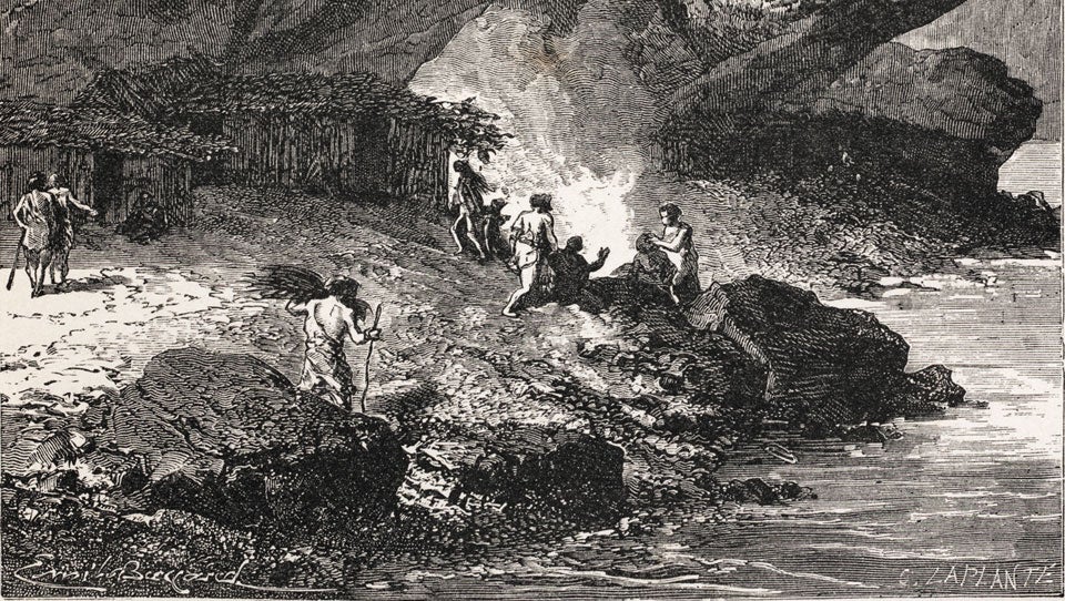 Detail of Paleolithic humans on the bank of the Aveyron river. Image source: Figuier, Louis. Primitive Man. London: Chapman and Hall, 1870, p. 88.