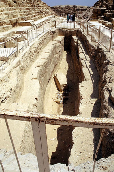 Excavated boat pit at the Great Pyramid of Khufu, which contained the solar boat (Wikimedia commons)
