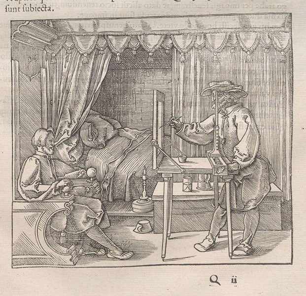 The art of painting with perspective, woodcut by Albrecht Dürer, in his Quatuor his suaru[m] Institutionum geometricarum libris (Four Books on Measurement), p. 183, 1534 (Linda Hall Library)
