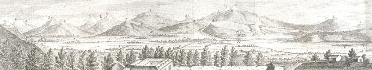 180-degree view of mountains. Image source: La Condamine, Charles Marie de. Journal du voyage fait par ordre du roi, a l’équateur. Paris: Imprimerie Royale, 1751, pl. 2. 