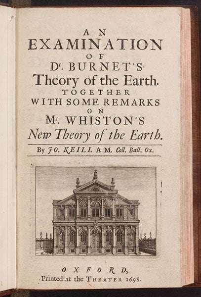 Title page, An Examination of Dr. Burnet's Theory of the Earth, by John Keill, 1698 (The Linda Hall)