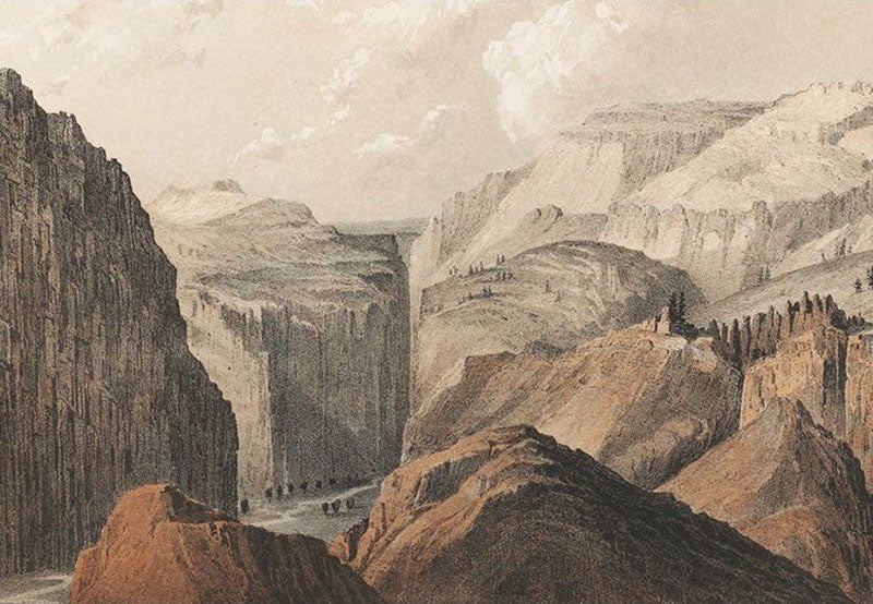 Black Canyon of the Grand River (later the Gunnison), detail of a tinted lithograph by John Mix Stanley after a sketch by Frederick W. von Egloffstein, in Pacific Railroad Reports, vol. 2, 1855 (The Linda Hall)