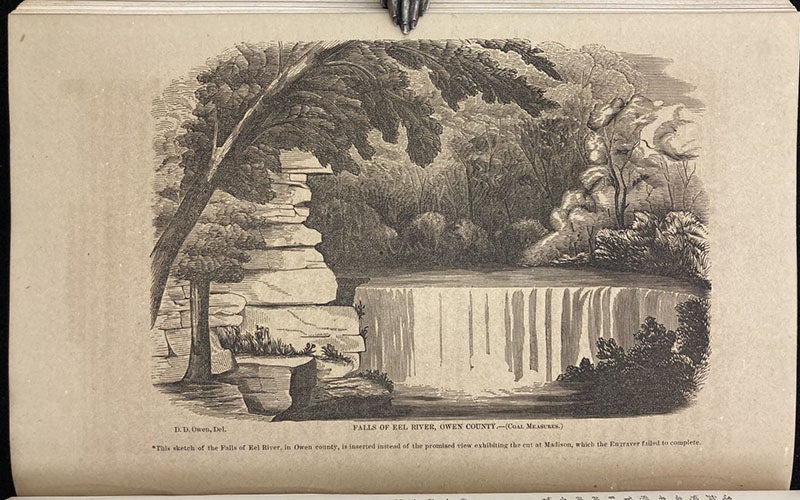 Falls of Eel River, Owen County [Indiana], wood engraving, drawn by David Dale Owen, p. 88, in Report of a Geological Reconnoissance of Indiana, by Richard Owen, 1862 (Linda Hall Library)