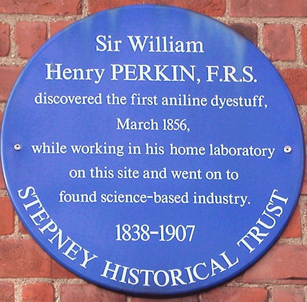 Blue plaque honoring William Henry Perkin, Cable Street, London, near where once stood the house in which Perkin first synthesized mauveine in 1856 (Wikimedia commons)