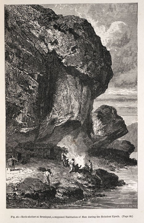 Paleolithic humans taking shelter, possibly at Montastruc rockshelter in Bruniquel. Image source: Figuier, Louis. Primitive Man. London: Chapman and Hall, 1870, p. 88.
