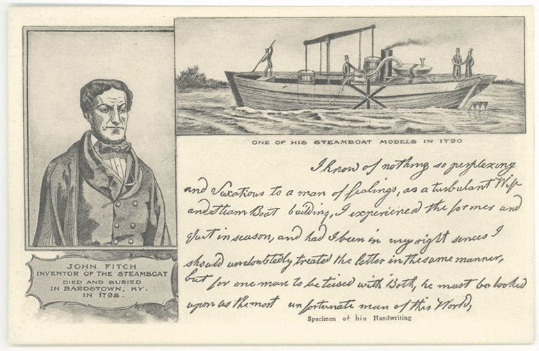 Postcard, with portrait of John Fitch and a quotation from his diary, late 19th century? (explorekyhistory.ky.gov)