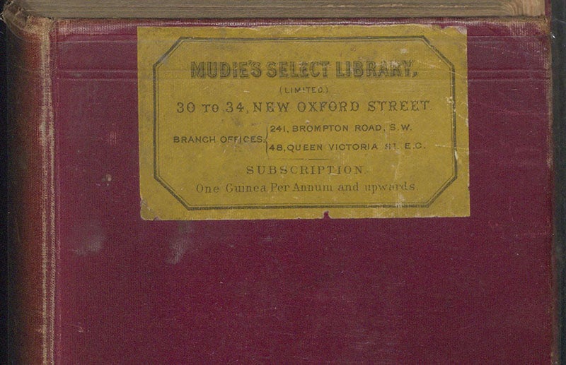 Mudie’s Select Library sticker, front cover, Travels in West Africa, by Mary H. Kingsley, 1897 (The Linda Hall)