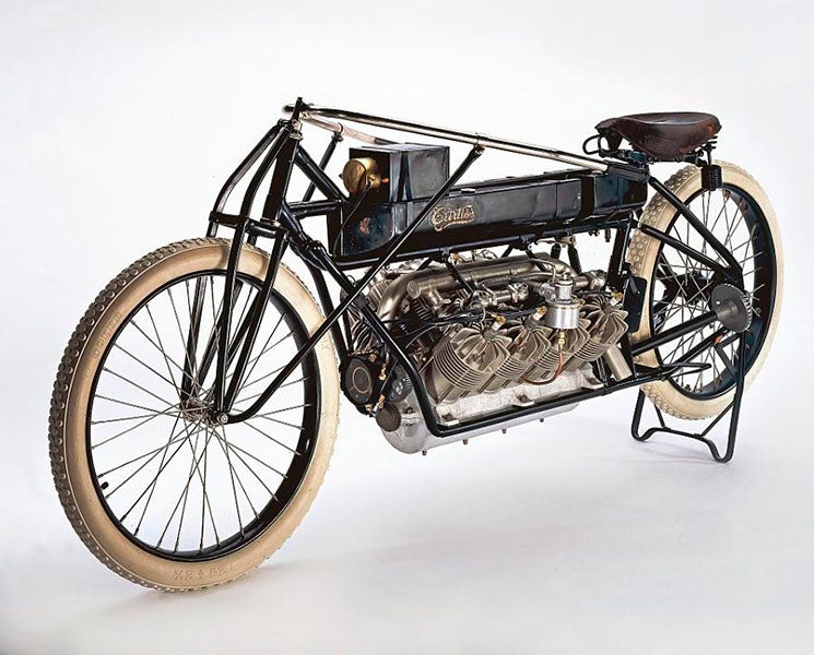 The V-8 motorcycle, built and ridden by Glenn Curtiss, 1907, with which he set a land-speed record of 136 mph, on display at National Air and Space Museum, Smithsonian Institution (airandspace.si.edu)