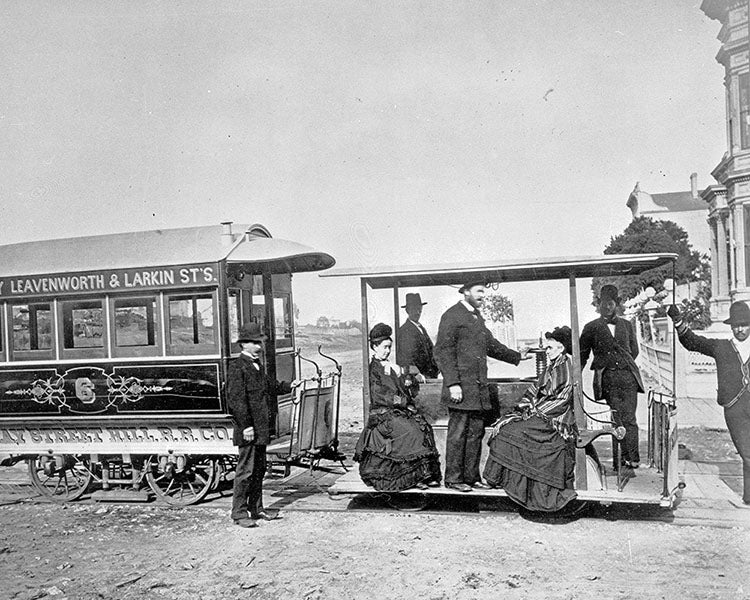 Andrew Smith Hallidie (the tall one) aboard grip car no. 6 of the Clay Street R.R. Co., photograph ca 1877, San Francisco Municipal Transportation Agency archives (sfmta.com)