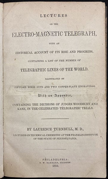 Title page, Lectures on the Electro-Magnetic Telegraph, by Laurence Turnbull, 1852 (The Linda Hall)