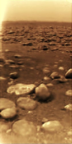 High-solution image of the surface of Titan, created in 2009 from images taken by Huygens, Jan. 14, 2005 (Wikimedia commons)