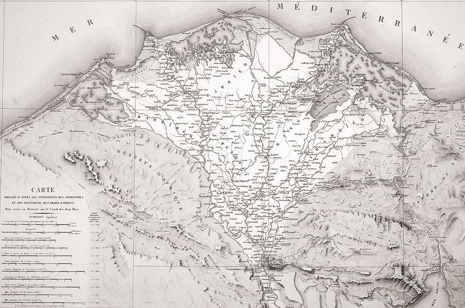 Napoleon’s route across Lower Egypt on 30 December 1798, is shown intersecting the vestiges of the ancient Suez canal. The route of the canal is shown from the tip of the Red Sea, going north, then west, and eventually to the Nile.
