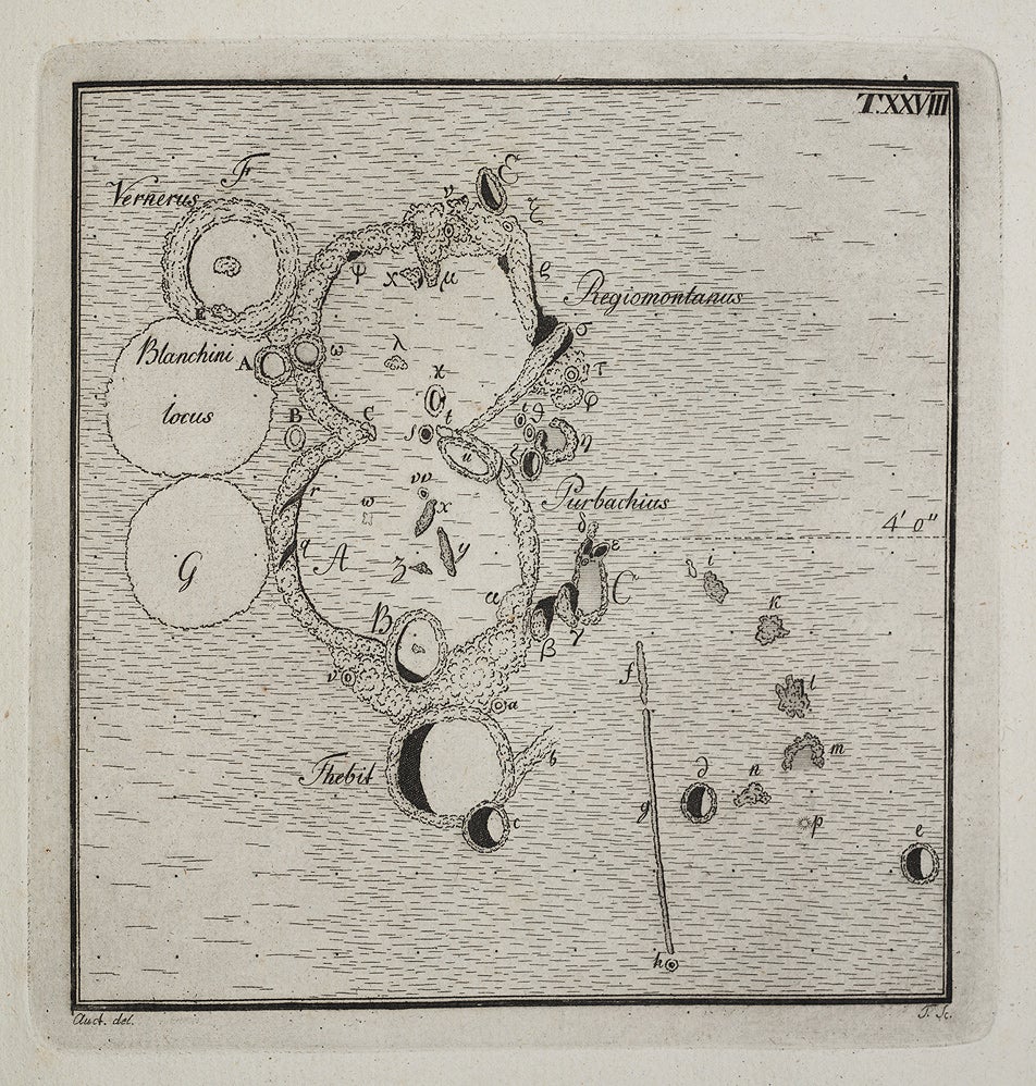 The most famous rill discovered by Schröter was later promoted to a valley and named in his honor. Schröter's Valley lies just northwest of the crater Aristarchus (for two views, see items 29 and 33.) He was also the first to publish a drawing of the renowned Straight Wall, which is depicted here just to the right of the crater Thebit in the lunar highlands. 