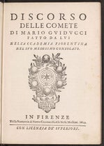 Title page, Discorso delle comete, by Mario Guiducci (i.e., Galileo Galilei), with printer’s mark of Pietro Cecconcelli, 1619 (Linda Hall Library)