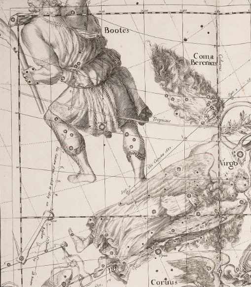Detail of Bootes and Virgo, showing comets of 1619 and 1682. Image source: Pardies, Ignace Gaston. Globi coelestis. Second edition. Paris: Chez Guillaume Vallet, 1690.
