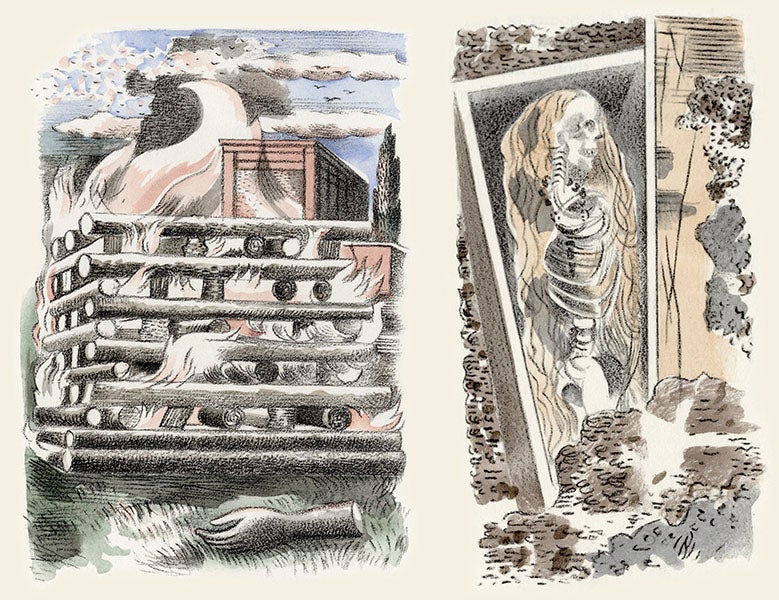 Funeral pyre, pochoir hand-colored print from a watercolor by Paul Nash, in Urne Buriall and the Garden of Cyrus, by Thomas Browne, printed by Curwen Press, 1932, copy for sale by Goldmark Art (goldmarkart.com)
