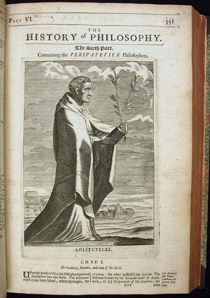 Aristotle, portrait after a cameo, engraving by William Faithorne, A History of Philosophy, by Thomas Stanley, 2nd ed., p. 351, 1687 (The Linda Hall)