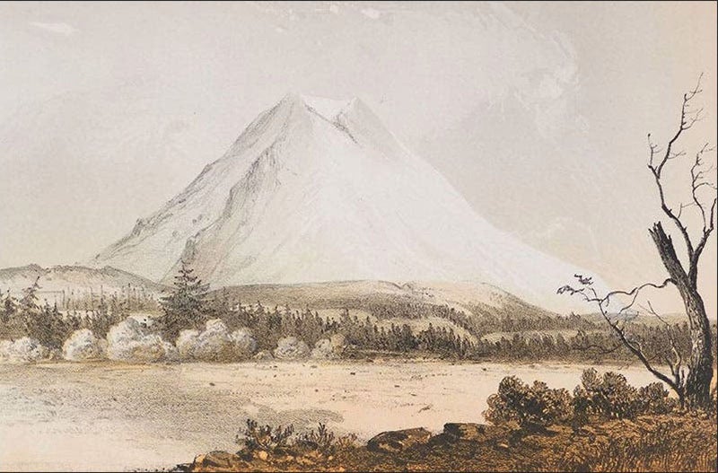 “Mount Rainier viewed from near Steilacoom,” detail of tinted lithograph by John Mix Stanley, Pacific Railroad Reports, vol. 12, 1855 (The Linda Hall)