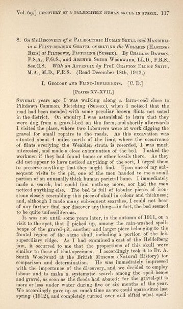 Dawson and Woodward report. Image source: Dawson, Charles and Arthur Smith Woodward. “On the Discovery of a Palaeolithic Human Skull and Mandible … at Piltdown, Fletching (Sussex).” Quarterly Journal of the Geological Society of London, vol. 69, 1913, p. 117.