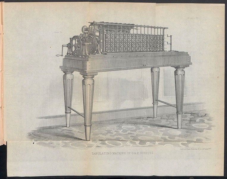 Scheutz difference engine no. 2 at the Dudley Observatory, complete fold-out engraving, Annals of the Dudley Observatory, vol. 1, p. 118, 1866 (Linda Hall Library)