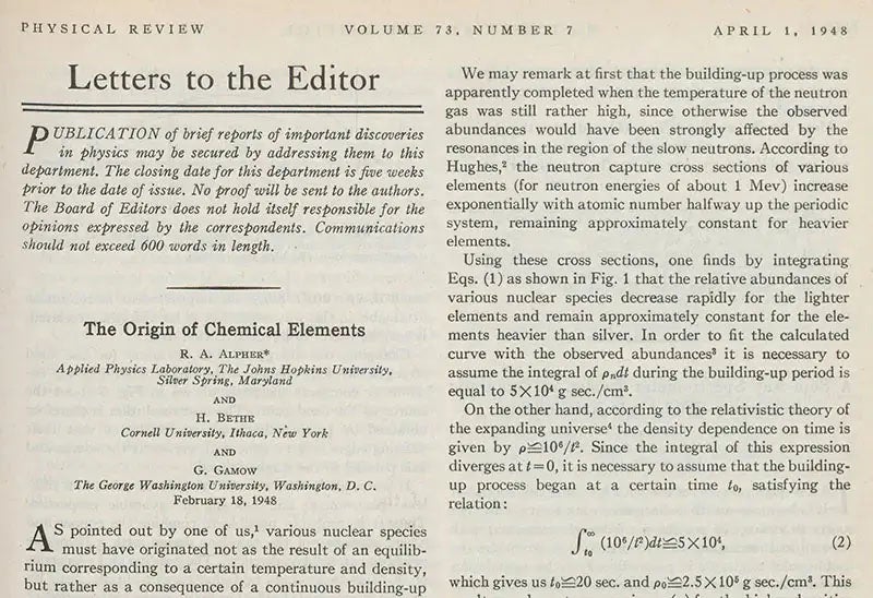 Detail of first page of paper on Big Bang nucleosynthesis by Ralph Alpher and George Gamow, with Hans Bethe’s name added by Gamow as co-author to make this an “alpha-beta-gamma” paper, Physical Review, vol. 73, 1948 (Linda Hall Library)