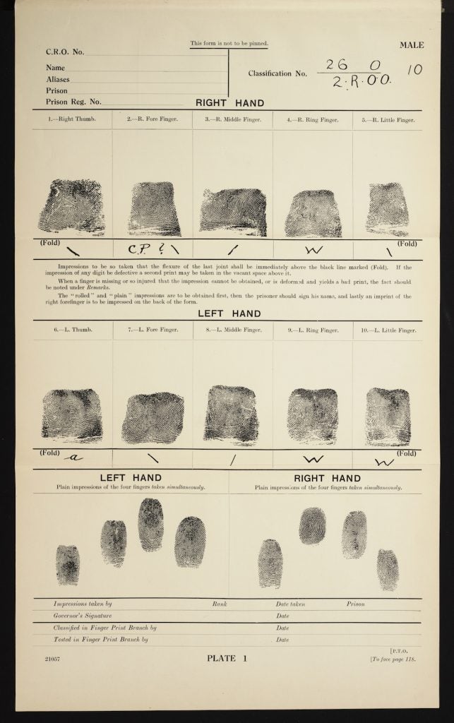 Ten-print fingerprint card based on the Henry Classification System. Image source: Henry, E. R. Classification and Uses of Finger Prints, 7th ed. Chicago Medical Book Company, 1934. View Source
