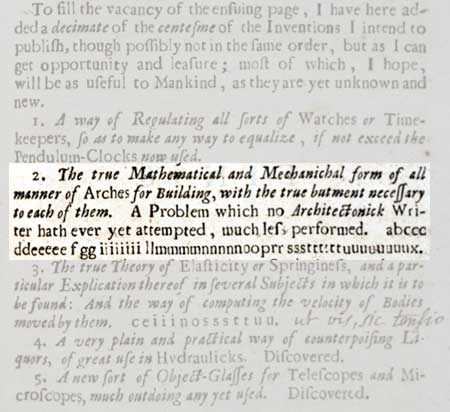 Hooke's anagram for the "law of the arch". Image source: Hooke, Robert. Lectiones Cutlerianæ, or A Collection of Lectures: Physical, Mechanical, Geographical, & Astronomical. London: Printed for John Martyn, 1679, p. 31.