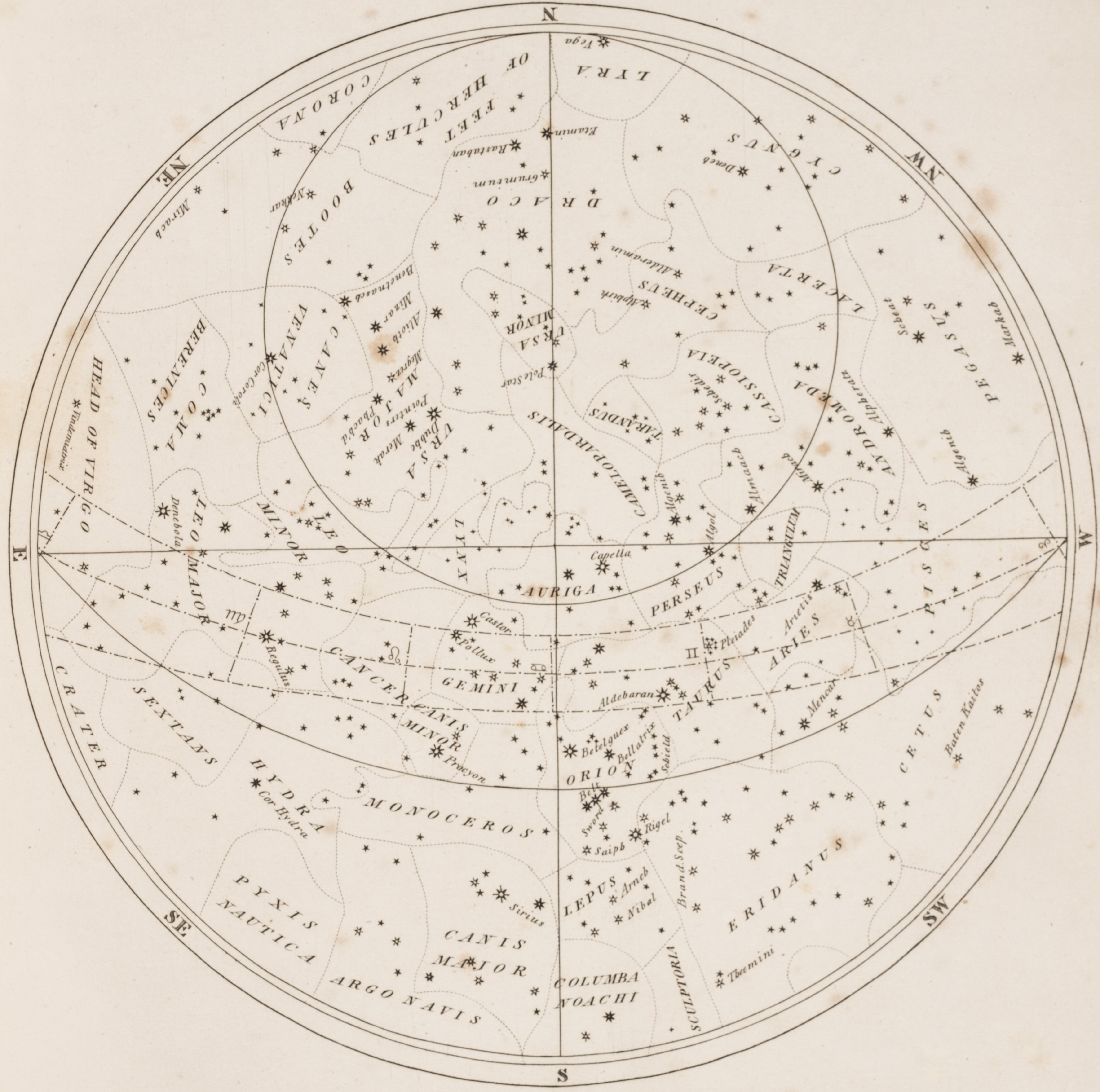 The chart for the constellations of February, with Taurus, Orion, and Gemini visible to the south. Image source: Rubie, G. The British celestial atlas. London: Baldwin & Cradock, 1830.