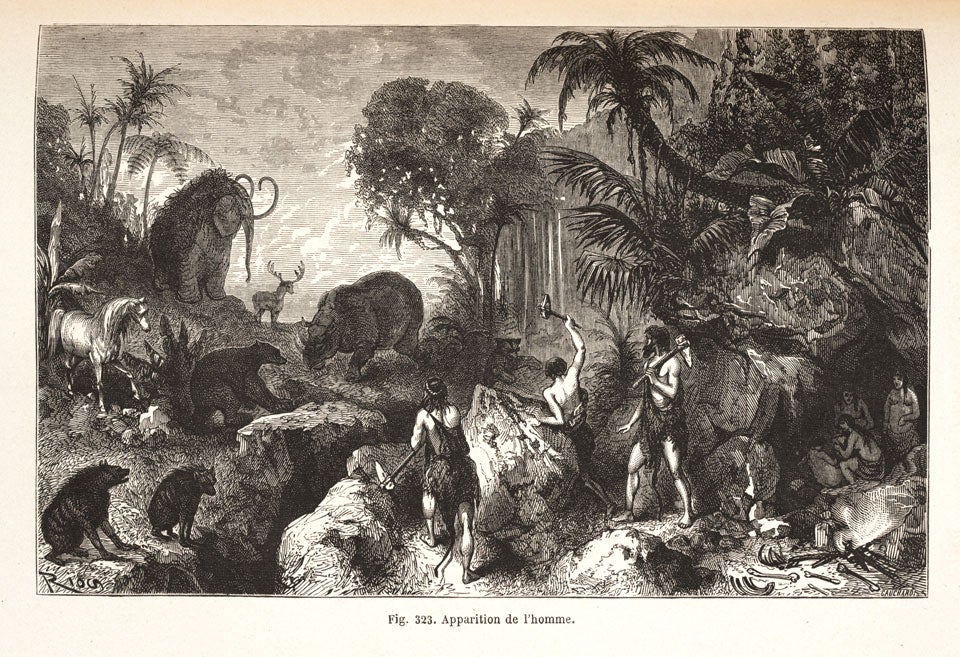 Early humans with tools and shelter, by Riou. Image source: Figuier, Louis. La terre avant le deluge. 5th ed. Paris: Libraire de L. Hachette, 1866, p. 427.
