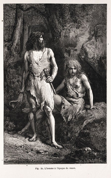 Paleolithic humans during the Reindeer Epoch. Image source: Figuier, Louis. L'homme primitif. Paris: Librairie de L. Hachette et Cie, 1870, p. 99.
