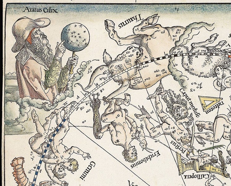 Imagined portrait of Aratus of Soli, Imagines Coeli Septentrionales (northern celestial hemisphere), woodcut by Albrecht Dürer et al., 1515, offered and sold by Daniel Crouch Rare Books (crouchrarebooks.com)