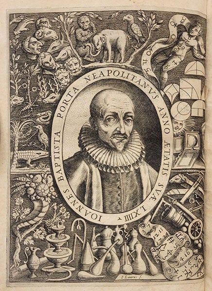 Portrait of Giovanni Battista della Porta, engraved frontispiece, De distillatione, by Giovanni Battista della Porta, 1608, photo by Bruce Bradley (Linda Hall Library)