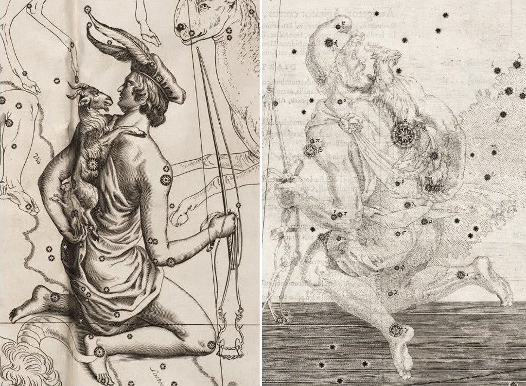L: Auriga by Johannes. Image source: Hevelius, Johannes. Firmamentum Sobiescianum sive Uranographia. Gdansk: typis J.-Z. Stollii, 1690.

R: Auriga by Johann. Image source: Bayer, Johannes. Uranometria. Augsburg: Excudit Christophorus Mangus, 1603.