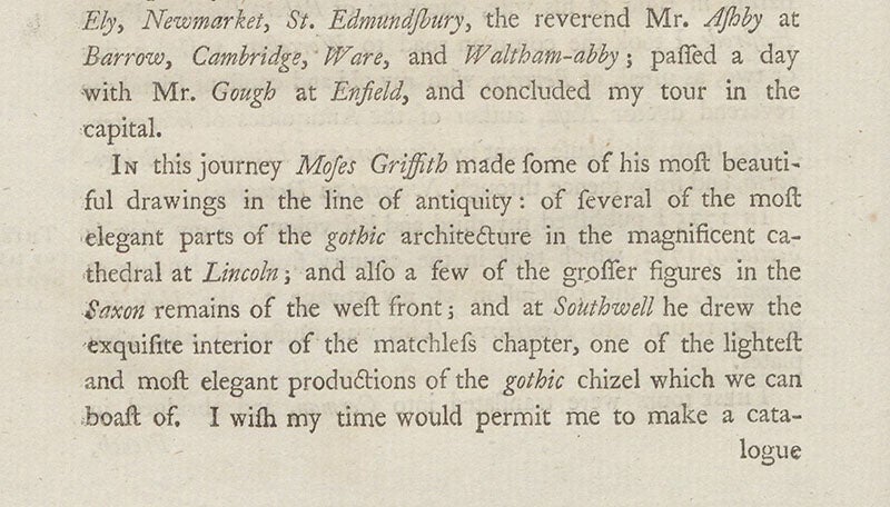 Text praising Moses Griffith, detail, The Literary Life of the late Thomas Pennant, by Thomas Pennant, p. 14, 1793 (Linda Hall Library)