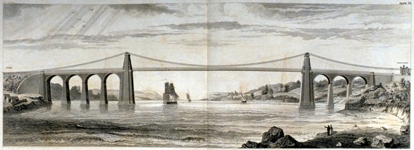 Menai Suspension Bridge. Image source: Telford, Thomas. Life of Thomas Telford, Civil Engineer. Ed. by John Rickman. Atlas, London: Payne and Foss, 1838, pl. 70.