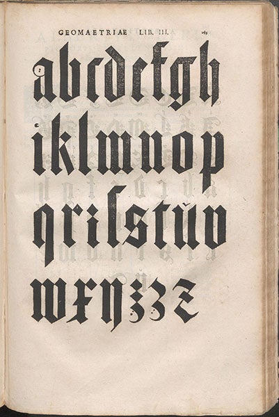 Gothic type fonts, filled in, Quatuor his suaru[m] Institutionum geometricarum libris (Four Books on Measurement), by Albrecht Dürer, p. 143, 1534 (Linda Hall Library)