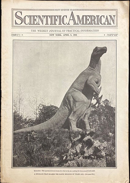 Iguanodon, sculpture by Josef Pallenberg at Tierpark Hagenbeck, Hamburg, cover of Scientific American, vol. 104(14), p. 351, Apr. 8, 1911 (The Linda Hall)