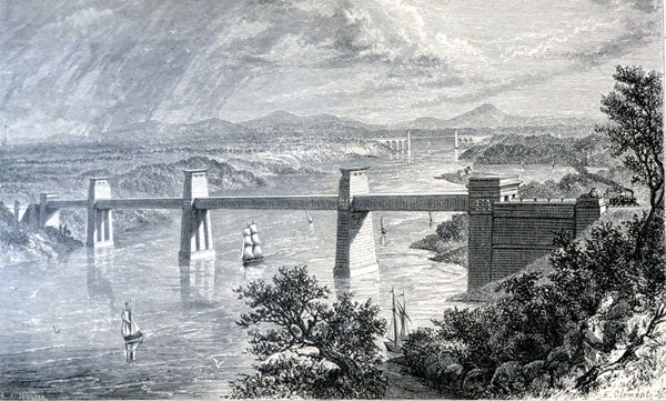 Crossing the Menai Straits to the Isle of Anglesey. Image source: Knight, Edward Henry. Knight's American Mechanical Dictionary. Vol. 3, New York, Hurd and Houghton, 1877 [c1876], frontispiece.