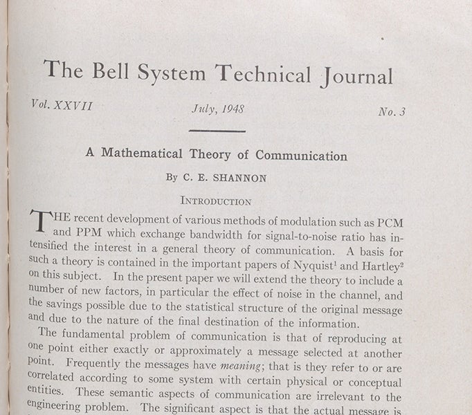 First paragraph of “The mathematical theory of communication,” by Claude Shannon, Bell System Technical Journal, vol. 27, p. 379, 1948 (Linda Hall Library)