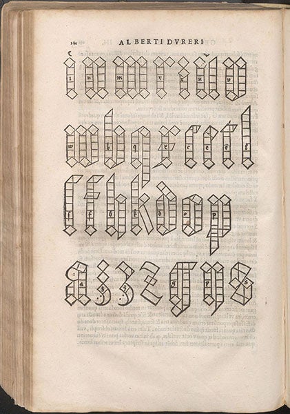 Generating Gothic type fonts with geometric shapes, Quatuor his suaru[m] Institutionum geometricarum libris (Four Books on Measurement), by Albrecht Dürer, p. 142, 1534 (Linda Hall Library)