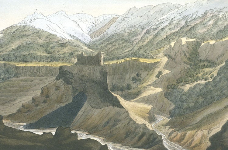View of eroded basalt formations in the Vivarais region of France. Image source: George Poulett Scrope. Memoir on the Geology of Central France: Including the Volcanic Formations of Auvergne, the Velay, and the Vivarais. Atlas, London, 1827, pl. 15.