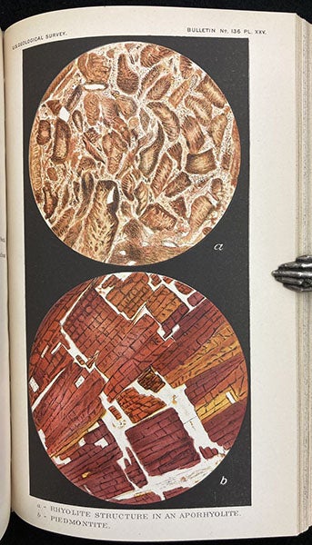 Microscopic views of two aporhyolites, a term coined by Bascom, plate 25 in “The ancient volcanic rocks of South Mountain, Pennsylvania,” by Florence Bascom, Bulletin of the U.S. Geological Survey, no. 136, 1896 (Linda Hall Library)