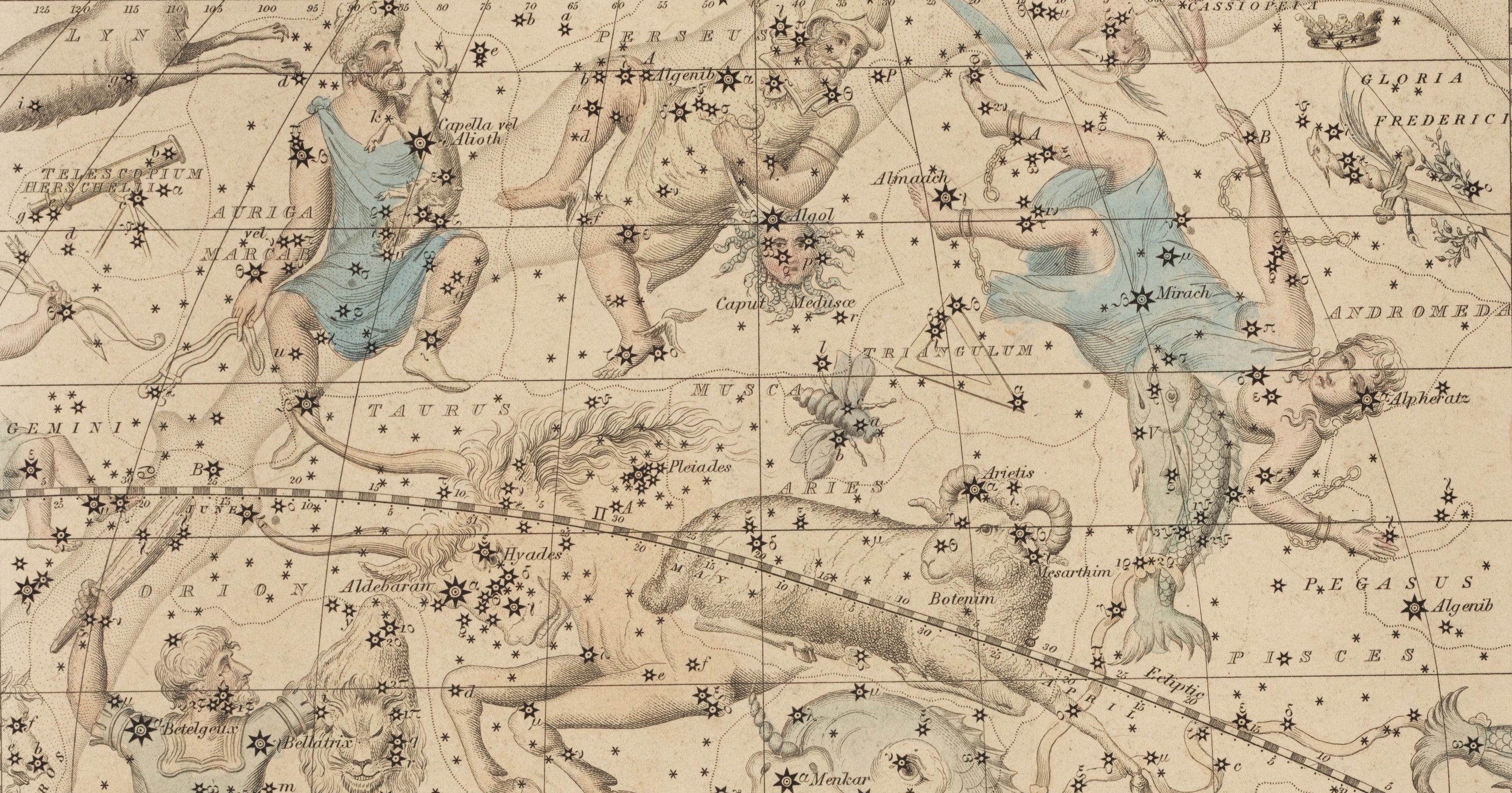 Auriga, Perseus, Andromeda, and Aries. Image source: Middleton, James. A Celestial Atlas: Containing Maps of All the Constellations Visible in Great Britain, with Corresponding Blank Maps of the Stars: Systematically Arranged for Communicating a Practical Knowledge of the Heavens. London: Whittaker and Co., 1842, pl. 2.