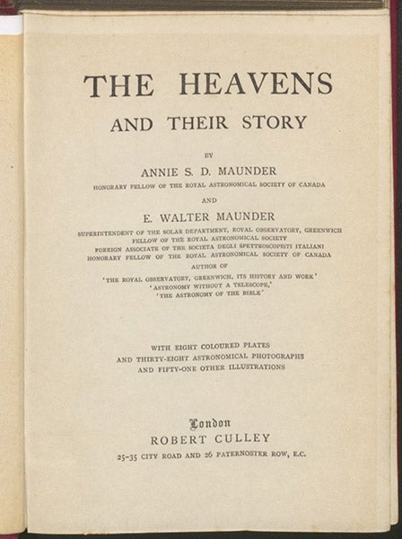 Title page, Annie and Edward Maunder, The Heavens and Their Story, 1908 (Linda Hall Library)